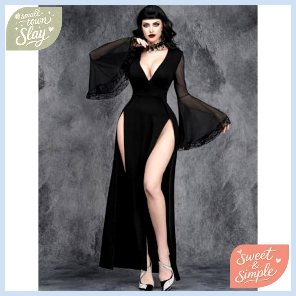 Gothic V Neck High Slit Lace Patchwork Witch Slee… - image 6